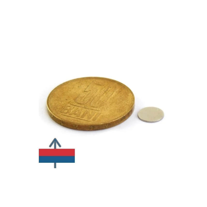 Magnet neodim disc 07 x 0.4 mm cu moneda de 50 bani și magnetizare