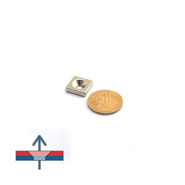 Magnet neodim bloc 15 x 15 x 4 mm cu gaura îngropată D4,5 D9,6 - N35 cu magnetizare proportional