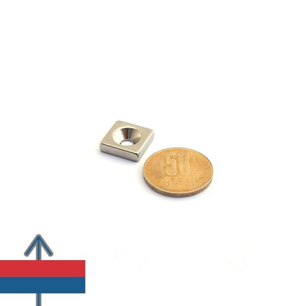 Неодимов магнит блок 15 x 15 x 4 мм с потопена дупка D4,5 D9,6 - N35 с намагнитване