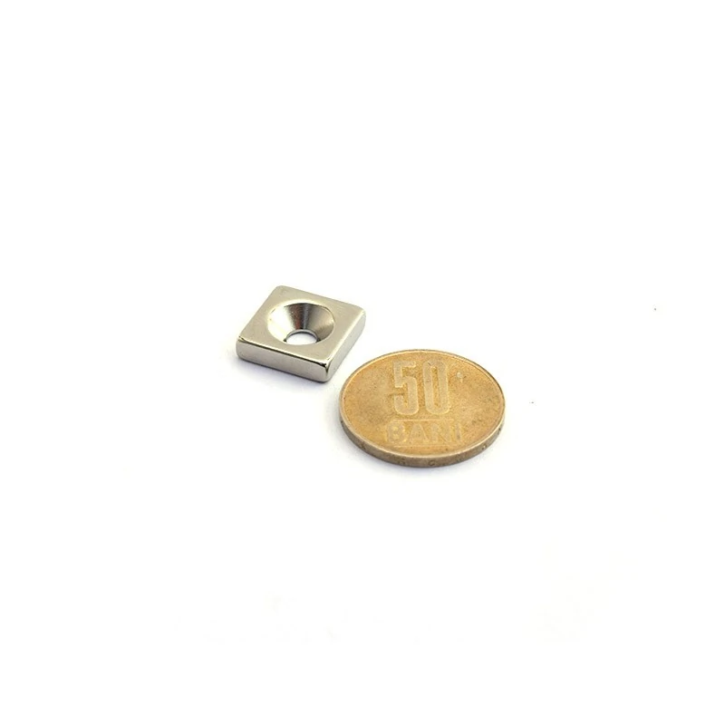 Magnet neodim bloc 15 x 15 x 4 mm cu gaura îngropată D4,5 D9,6 - N35 moneda