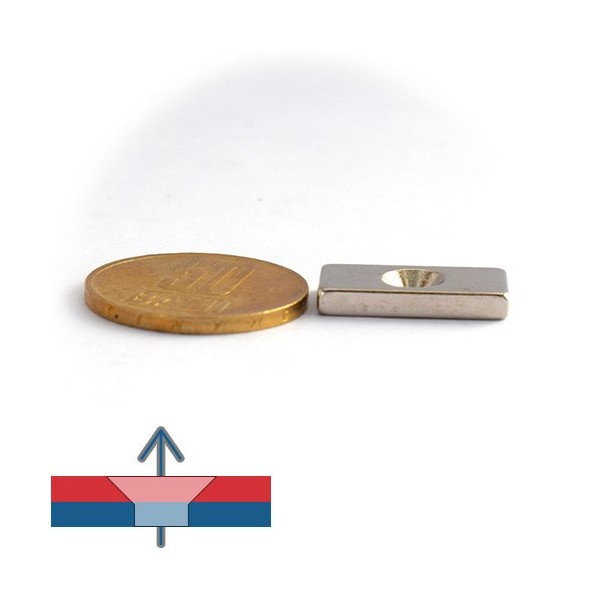 Magnet neodim bloc 20 x 10 x 5 mm cu gaura ingropata D4,5 D9,46 - N42 cu magnetizare