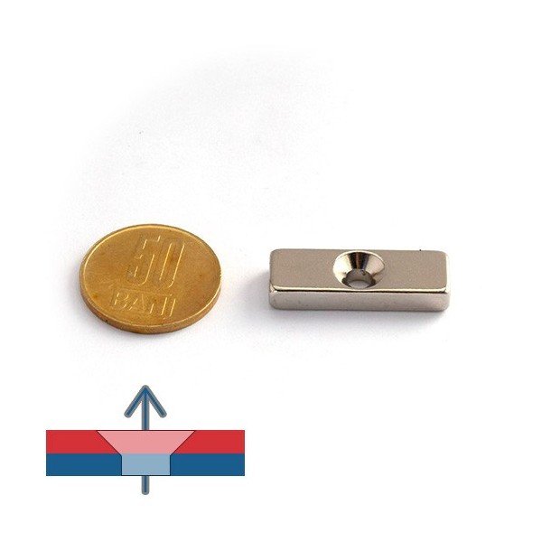 Magnet neodim bloc 30 x 10 x 5 mm cu gaura ingropata D4,2 D8,6 - N40 cu magnetizare