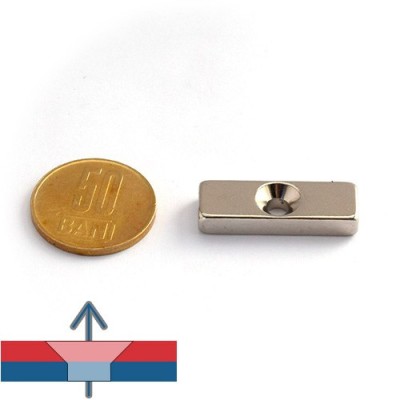 Magnet neodim bloc 30 x 10 x 5 mm cu gaura ingropata D4,2 D8,6 - N40 cu magnetizare