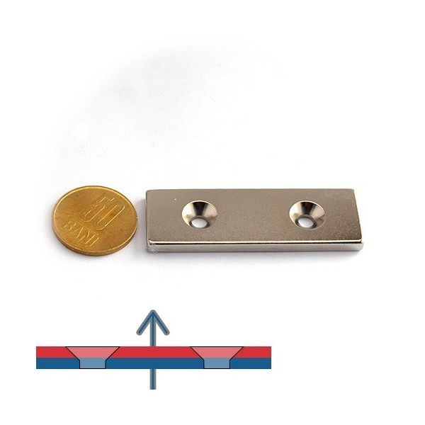 Magnet neodim bloc 60 x 20 x 4 mm cu gauri ingropate D4,5 D9,46 - N35 cu magnetizare