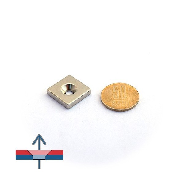 Неодимов магнит блок 20 x 20 x 4 мм с потопена дупка D4,5 D9,6 - N35 с пропорционално намагнитване