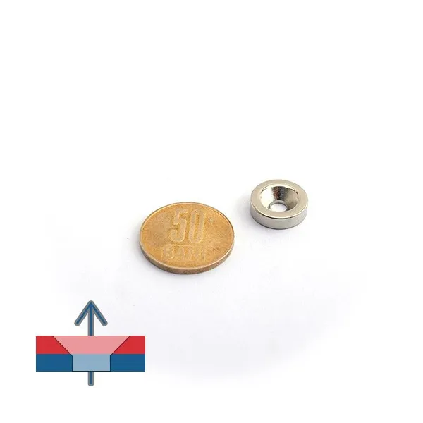 Magnet neodim disc 15 x 4 mm cu gaura ingropata D4,5 D9,46 - N35 cu magnetizare proportional Magnet neodim disc 15 x 4 mm cu gaura ingropata D4,5 D9,46 - N35 cu magnetizare proportional