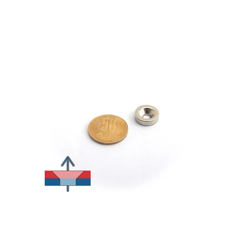 Magnet neodim disc 15 x 4 mm cu gaura ingropata D4,5 D9,46 - N35 cu magnetizare proportional