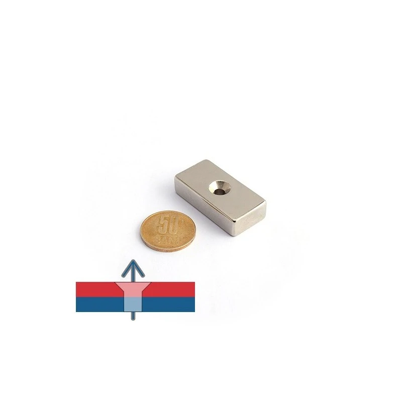 Magnet neodim bloc 40 x 20 x 10 mm cu gaura ingropata D4,5 D9,6 - N45 cu magnetizare la scara