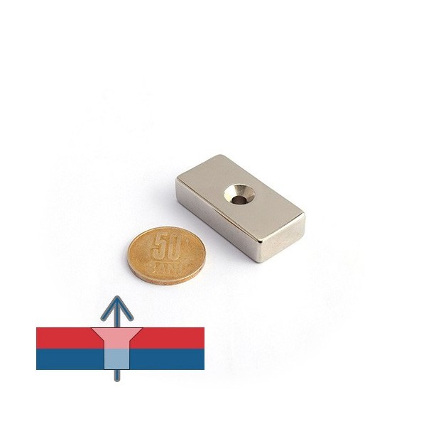 Неодимов магнит блок 40 x 20 x 10 мм с потопена дупка D4,5 D9,6 - N45 с мащабно намагнитване