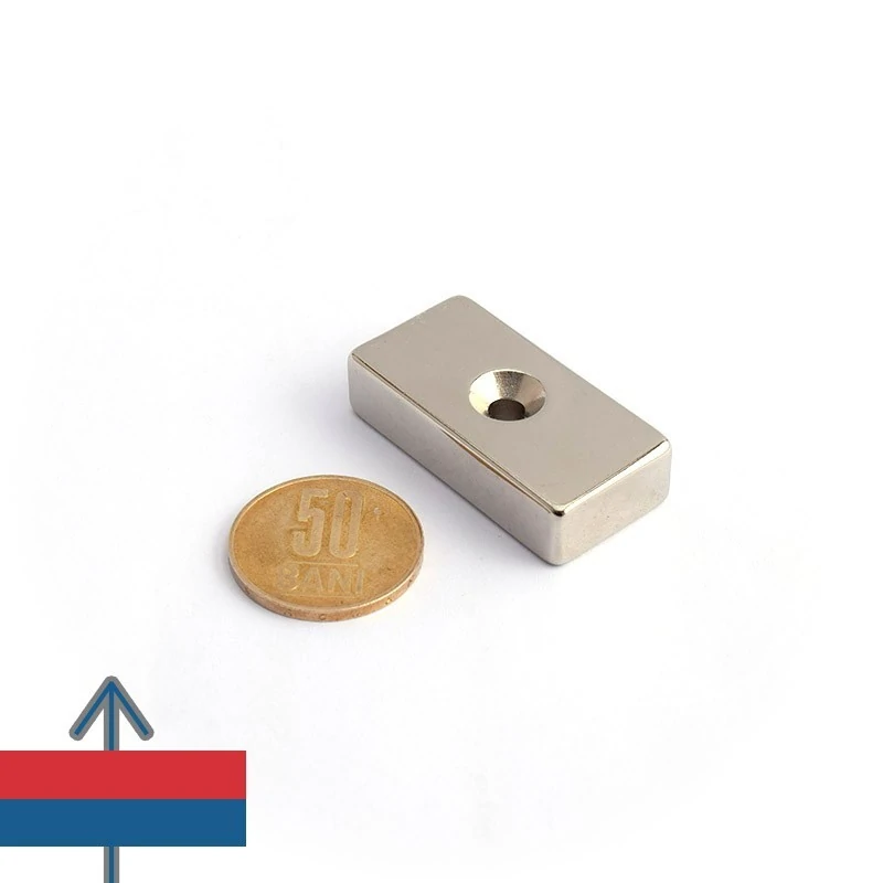 Magnet neodim bloc 40 x 20 x 10 mm cu gaura ingropata D4,5 D9,6 - N45 cu magnetizare