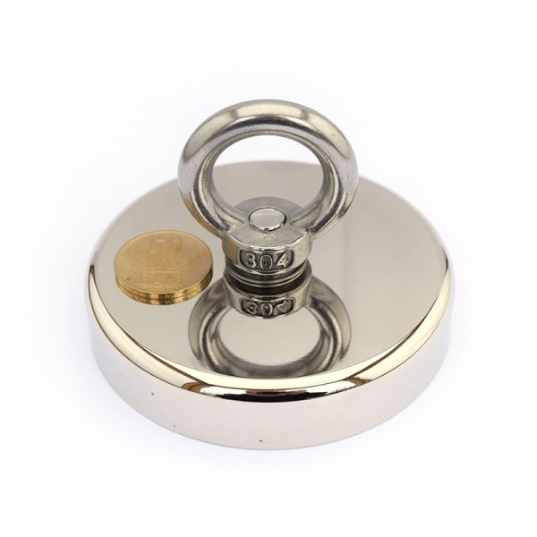 Неодимов магнит тенджера Ø90 мм с пръстеновиден кука и монета 50 стотинки