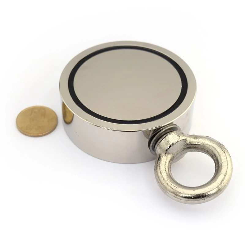 Magnet neodim oala D 75 mm carlig inelar cu doua fete cu moneda de 50 bani