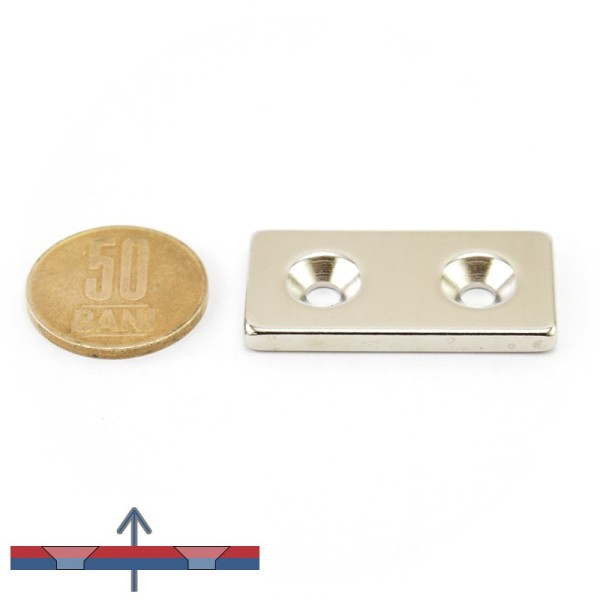 Неодимов магнит блок 40 x 20 x 4 мм с потопени дупки D4,5 / D9,6 - N35 с намагнитване