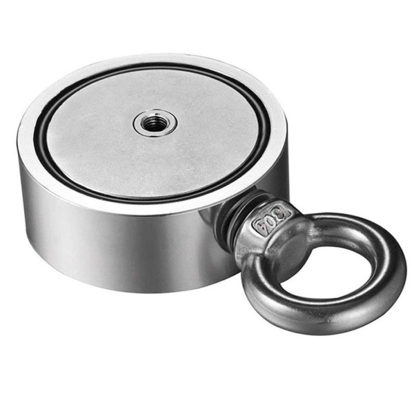 Неодимов магнит тенджера Ø60 мм с две пръстеновидни куки и две страни 2 x 140 кг