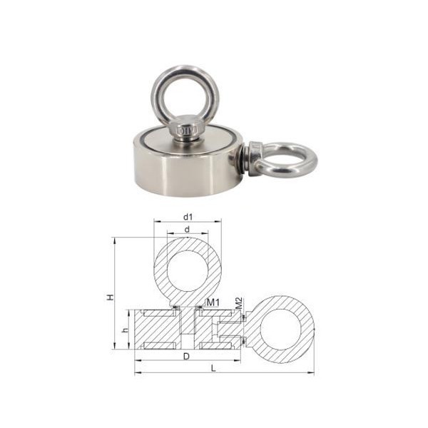 Magnet neodim oală D 60 mm cu două cârlige inelare și două fețe 2 x 140 kg - schema