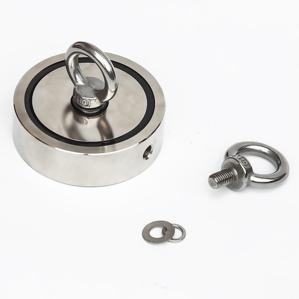 Неодимов магнит тенджера Ø94 мм с две пръстеновидни куки и две страни x 300 кг - магнитен риболов