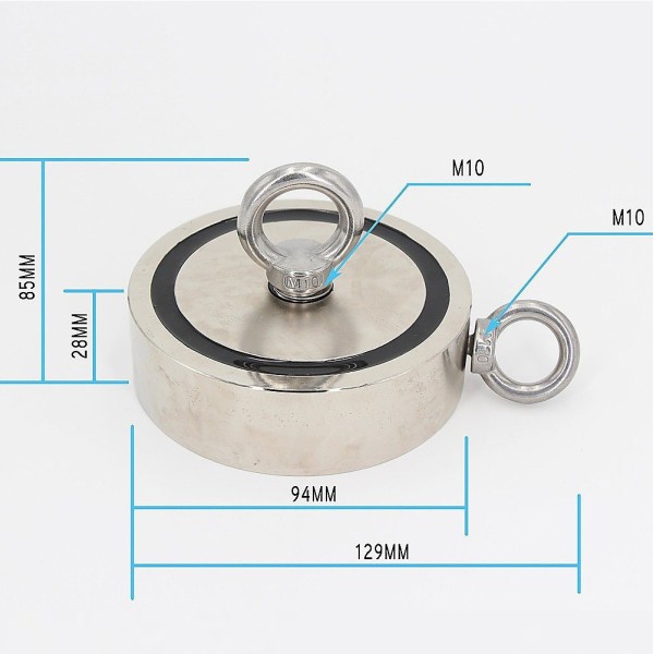 Magnet neodim oală D 94 mm cu două cârlige inelare și două fețe x 300 kg - magnet fishing cu dimensiuni