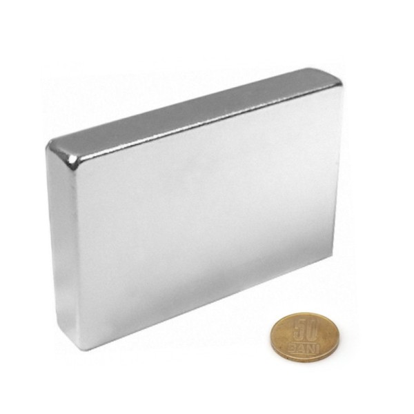 Magnet neodim bloc 110 x 90 x 20 cu moneda de 50 bani