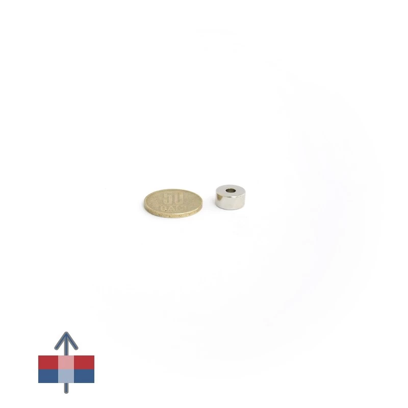 Magnet neodim inel 12 x 4 x 6 mm cu magnetizare și moneda de 50 bani