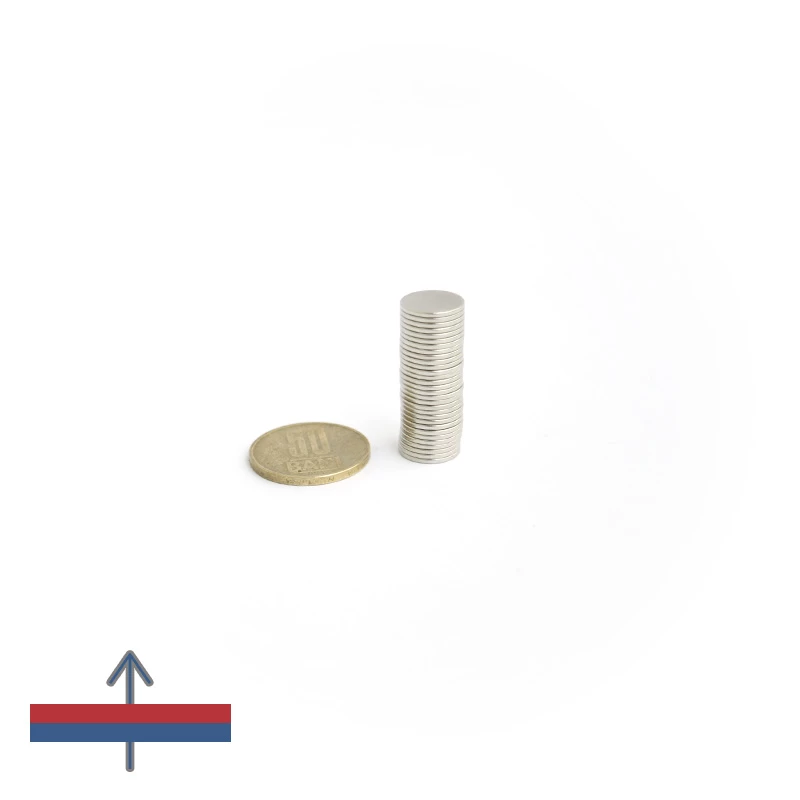 Magnet neodim disc 12 x 1 mm grup cu magnetizare și moneda de 50 bani
