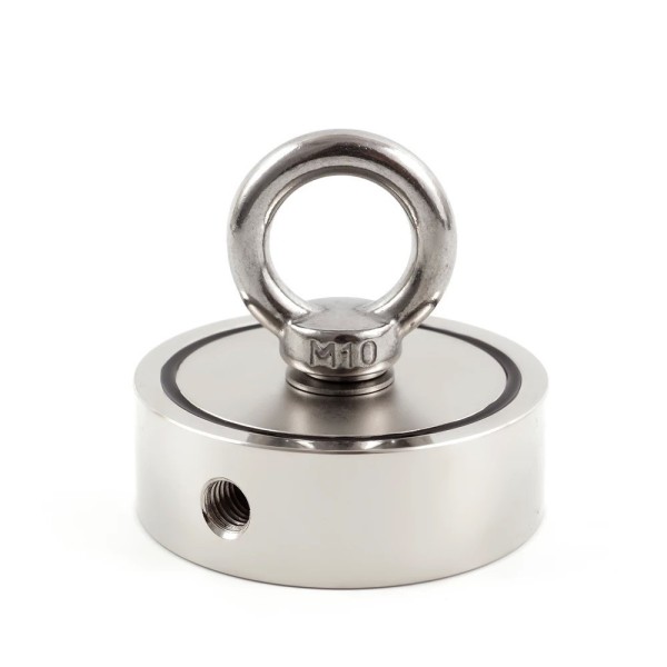 Неодимов магнит тенджера Ø75 мм с две пръстеновидни куки и две страни x 160 кг - магнитен риболов - мощен