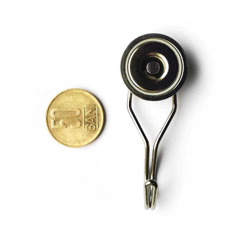 Magnet neodim oală D 25 mm cu cârlig / cuier rotativ cu 50 bani