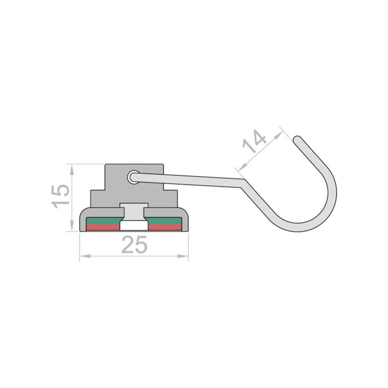 Magnet neodim oală D 25 mm cu cârlig / cuier rotativ schema