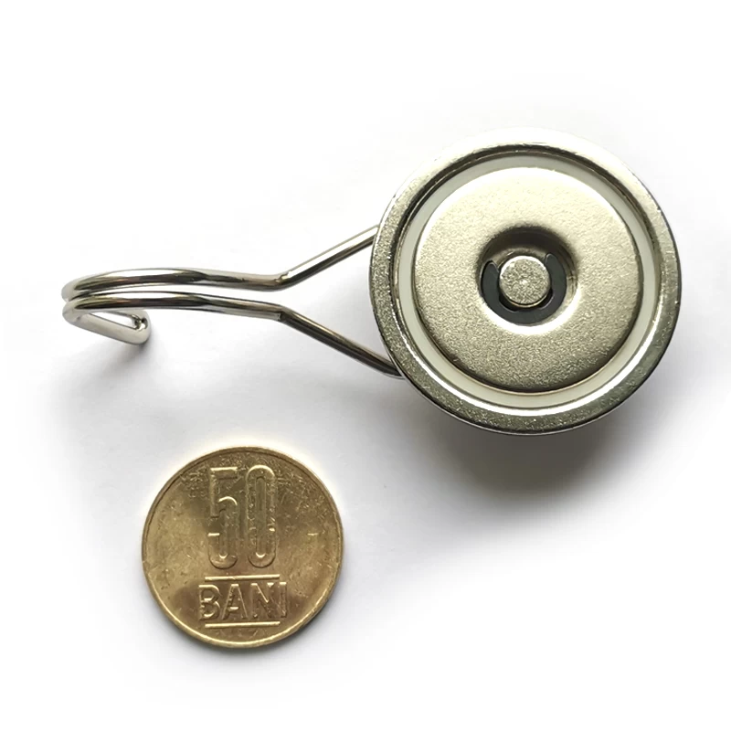 Magnet neodim oală D 36 mm cu cârlig / cuier rotativ cu 2 grade de libertare 180 / 360 cu 50 bani