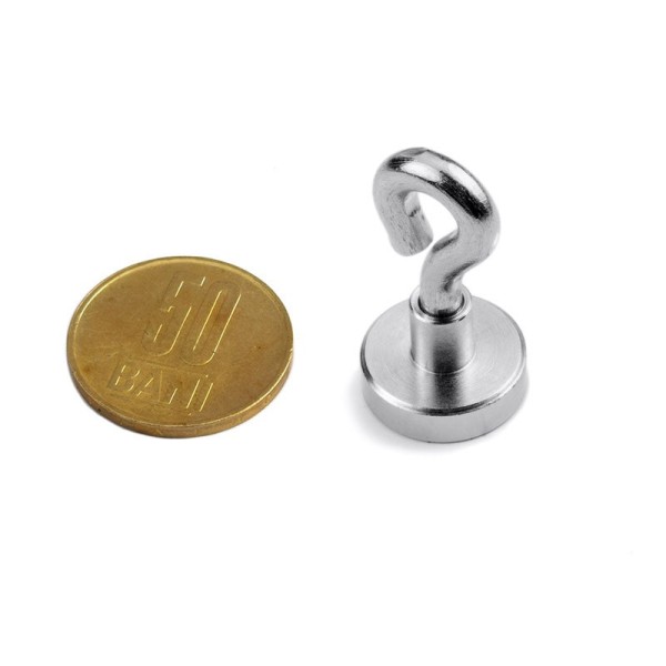 Magnet neodim oală D 16 mm filet interior și cârlig inelar cu moneda de 50 bani