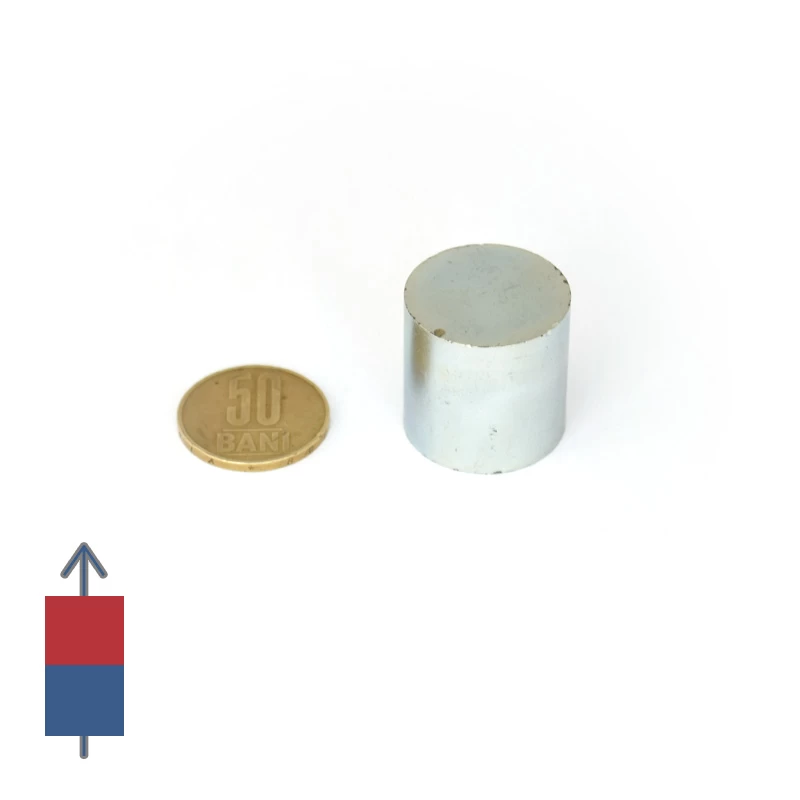Magnet neodim cilindru / disc 25 x 25 mm cu moneda de 50 bani și magnetizare