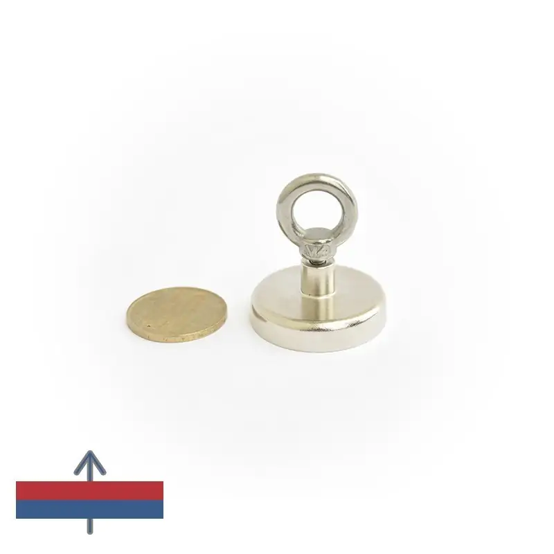 Magnet ferită oală D 32 mm cu cârlig inelar magnetizare și moneda de 50 bani
