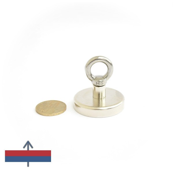 Magnet ferită oală D 40 mm cu cârlig inelar magnetizare și moneda de 50 bani
