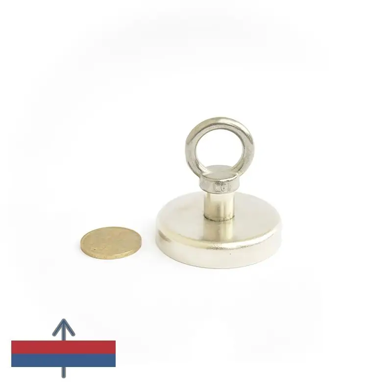 Magnet ferită oală D 50 mm cu cârlig inelar magnetizare și moneda de 50 bani