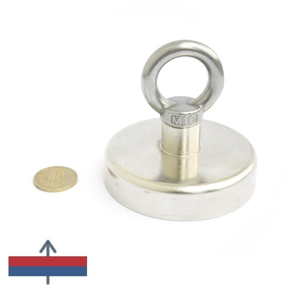 Magnet ferită oală D 80 mm cu cârlig inelar magnetizare și moneda de 50 bani