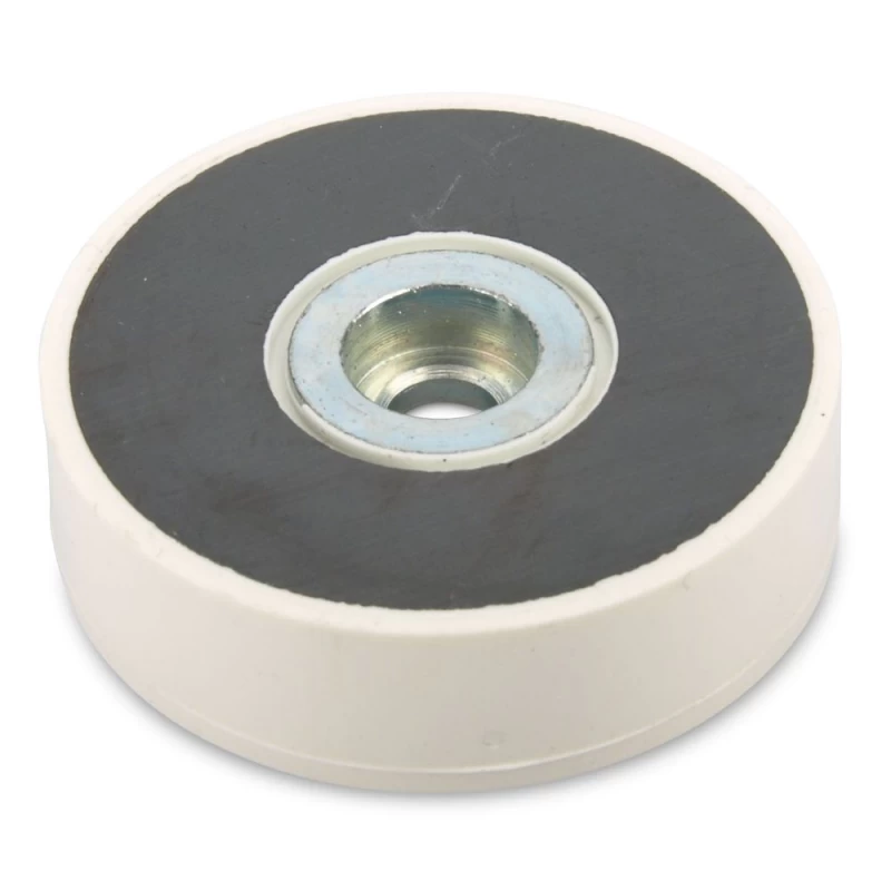 Magnet ferită inel 43 x 10 x 12,5 mm tip oală în carcasă de plastic alb înclinat