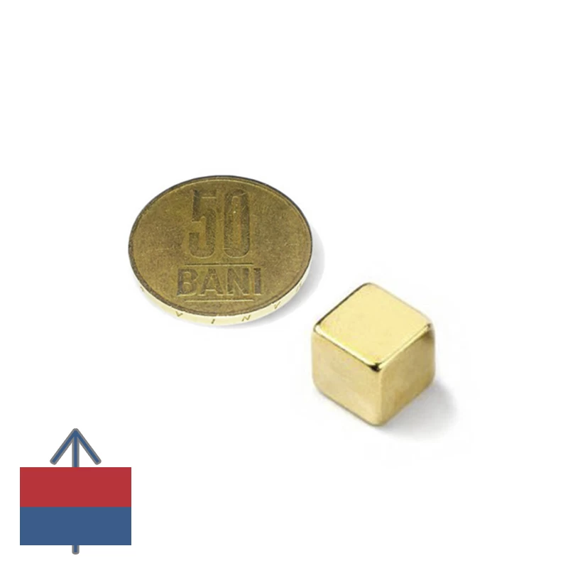 Magnet neodim cub 10 mm aurit cu 50 bani și magnetizare