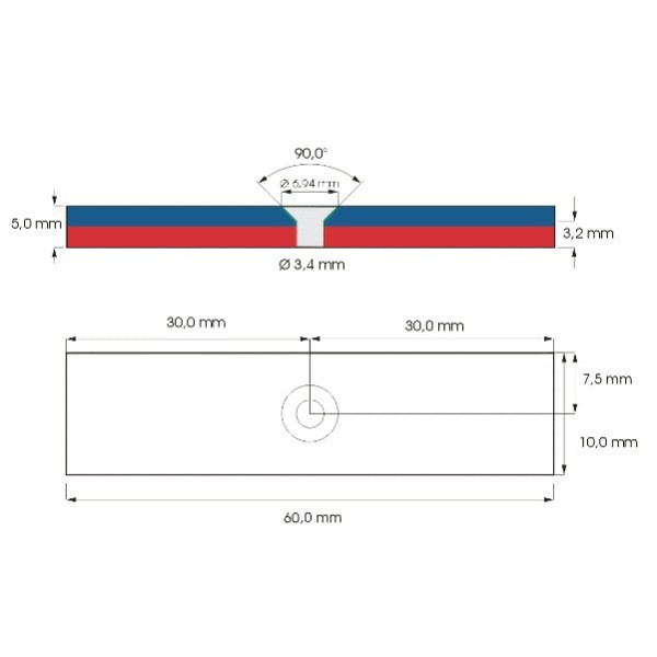 Magnet neodim bloc 60 x 15 x 5 mm cu gaură cu șanfren schema