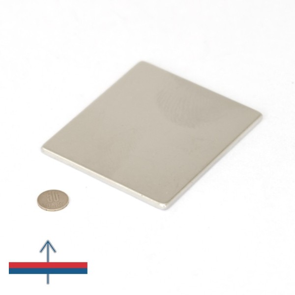 Magnet neodim bloc 100 x 75 x 3 mm cu magnetizare și moneda de 50 bani