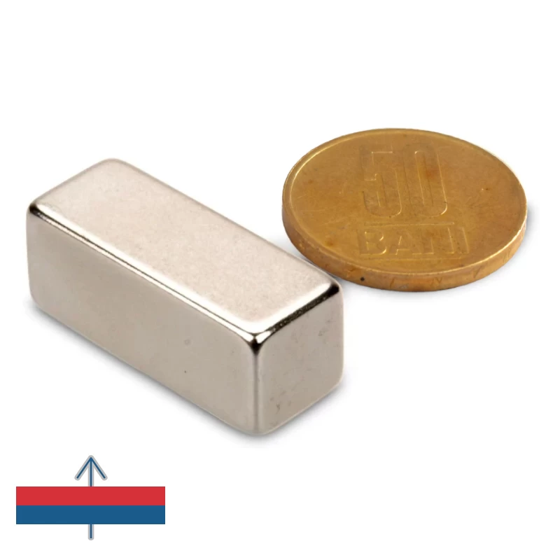 Magnet neodim bloc 30 x 12 x 12 mm comparație cu moneda de 50 bani și magnetizare