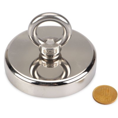 Magnet neodim oală D 80 mm cârlig inelar - fishing / pescuit cu moneda de 50 bani
