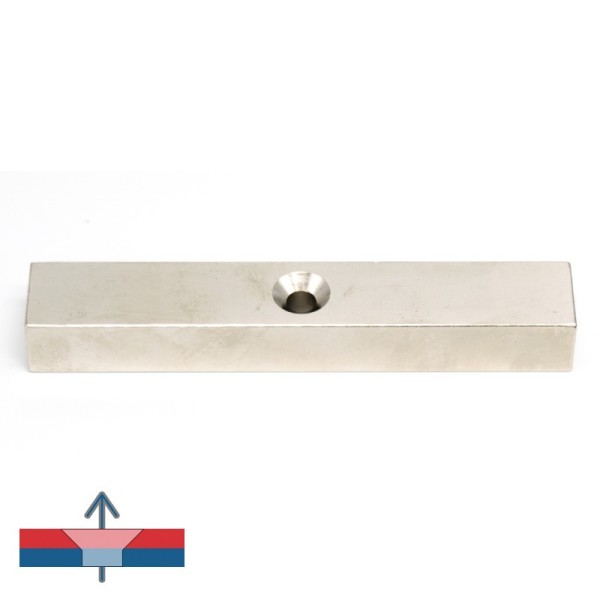 Неодимов правоъгълен магнит 120 x 20 x 15 mm с отвор и фаска D7 / D12 – с намагнитване