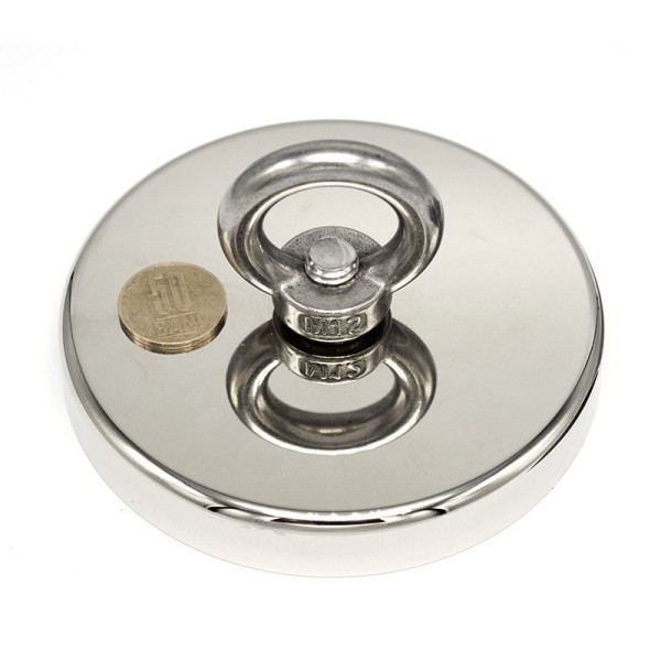 Неодимов магнит тенджера Ø120 мм с пръстеновидна кука - магнитен риболов с монета 50 стотинки