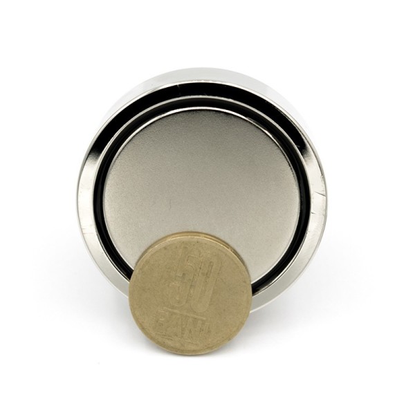 Неодимов магнит тенджера Ø48 мм с пръстеновидна кука, монета 50 стотинки, гръб