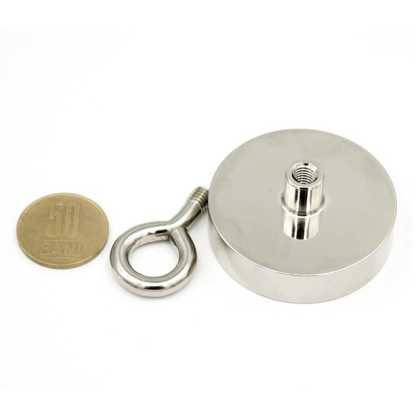 Неодимов магнит тенджера Ø48 мм с пръстеновидна кука разглобена с монета 50 стотинки