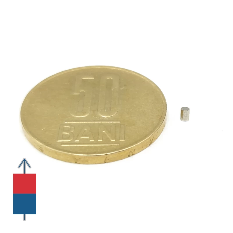 Magnet neodim cilindru 1,5 x 2 mm cu magnetizare și moneda de 50 bani