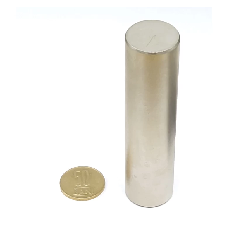 Magnet neodim cilindru 25 x 100 mm cu moneda de 50 bani