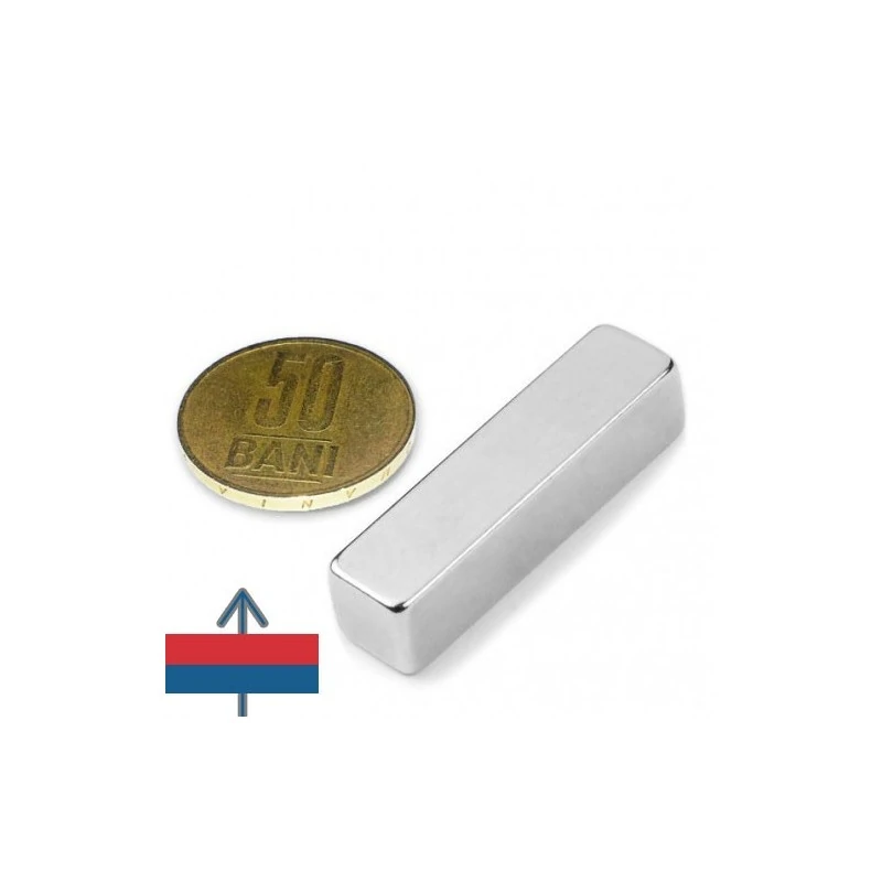 Magnet neodim bloc 40 x 10 x 10 mm cu moneda de 50 bani