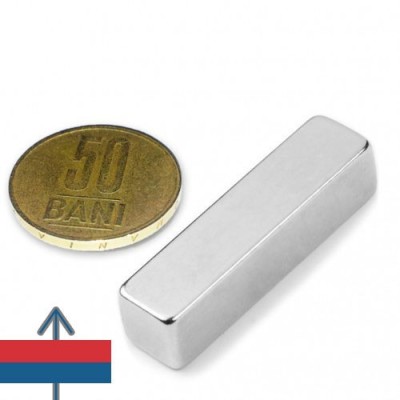 Magnet neodim bloc 40 x 10 x 10 mm cu moneda de 50 bani