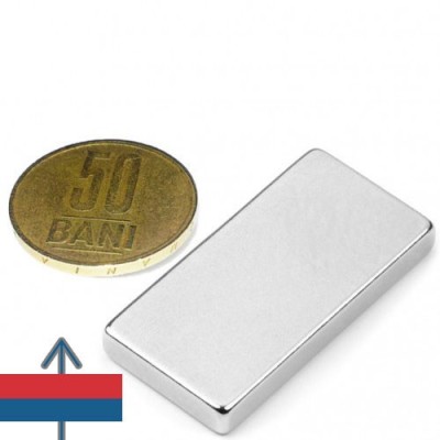 Magnet neodim bloc 40 x 20 x 05 mm cu magnetizare și moneda de 50 bani