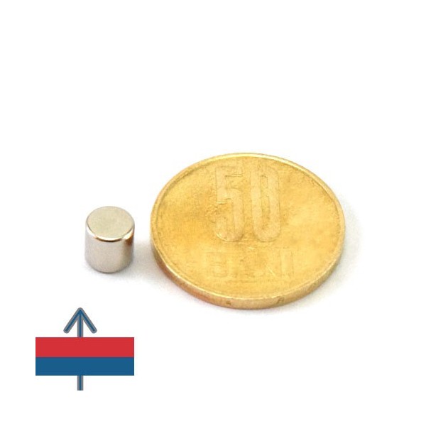 Magnet neodim cilindru / disc 4 x 4 mm cu moneda de 50 bani si magnetizare